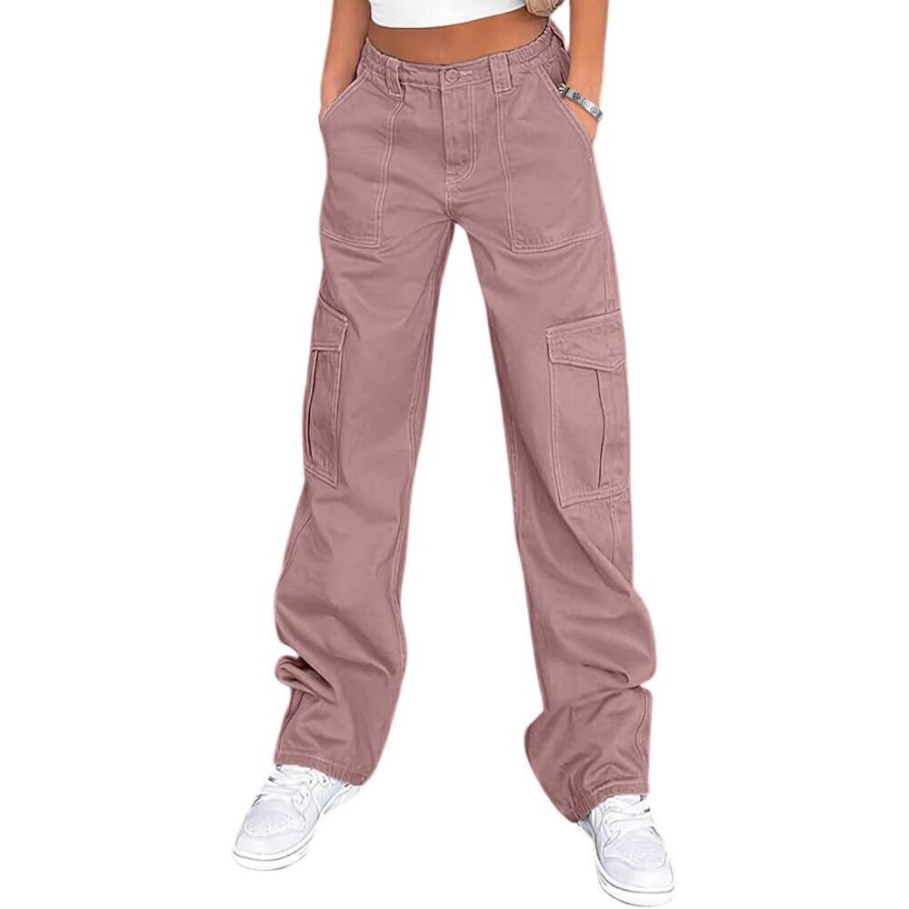 High Waisted Casual Cargo Pants Cotton Spandex Wide Leg Multi-Pocket
